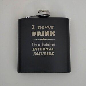 NWOT Flask, stainless steel, black, 6 oz., laser engraved with funny saying